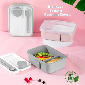 1183 Kendinden Kaşık Çatallı Sosluklu Bölmeli Beslenme Kabı - Taşınabilir Lunch Box Gri