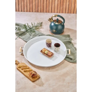 Kitchen Line Ahşap Kulplu 51 cm Büyük Boy Metal Tepsi Çay Kahve Sunum Tepsisi Beyaz