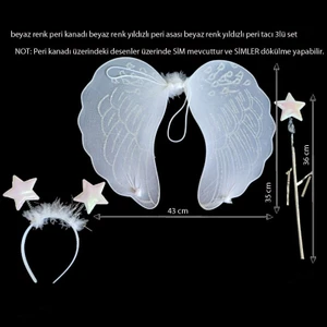 Beyaz Renk Simli Çocuk Peri Kanadı Asası Tacı Seti 43X35 cm Hallloween Gösteri