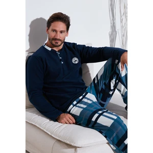 Ekoseli Regular Fit Düğmeli Bisiklet Yaka Kışlık Polar Pijama Takımı Erkek Pijama Takımı 60961008