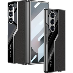 Rona Store Galaxy Z Fold 6 Kılıf Ultra Ince Kamera Korumalı Pc + Deri Arka Yüzey Zore Kıpta Poligan Kapak-Siyah