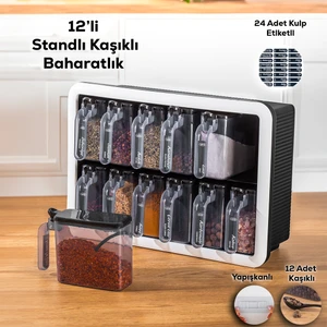 Simple 1165 Random 12'li Standlı Kendinden Yapışkanlı Kaşıklı Kapaklı Baharatlık Saklama Kabı Seti - Siyah Beyaz