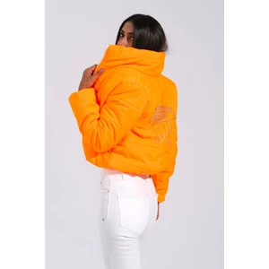 Keyifli Moda Kadın Turuncu Sırtı Taş Baskılı Dik Yaka Kısa Şişme Mont