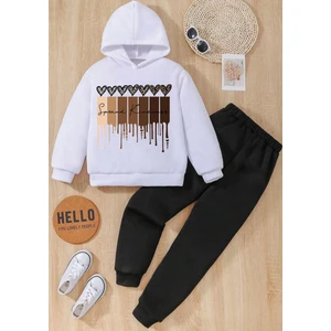 Kids Face Özel Tasarım Kapüşonlu Spread Kındness Kalpler Baskılı Şardonlu Kışlık Kız Çocuk Şık Eşofman Takımı