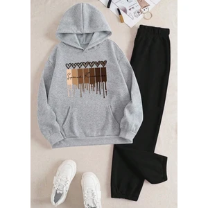 Kids Face Özel Tasarım Kapüşonlu Spread Kındness Kalpler Baskılı Şardonlu Kışlık Kız Çocuk Şık Eşofman Takımı