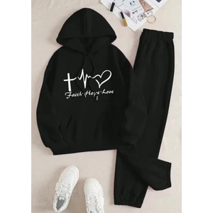Kids Face Özel Tasarım Kapüşonlu Faith Hope Love Baskılı Yeni Stil Kışlık Kız Çocuk Eşofman Takımı