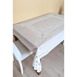 Dantel Motifli Muşamba Masa Örtüsü 120 x 150 cm  -Beyaz Renk-Halka