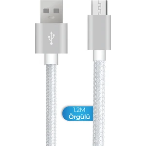 Samsung Xiaomi Huawei Oppo Lg Uyumlu Micro Usb Şarj Kablosu Örgülü Beyaz 1.2m