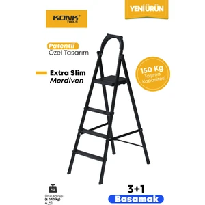 Konk Tools Extra Süper Slim Siyah Merdiven 3+1 Metal Basamaklı Vera3