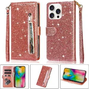 YH Mall IPhone 16 Için Fermuar Cep Durumda Pro Max Pu Deri Glitter Cüzdan Kılıf (Yurt Dışından)