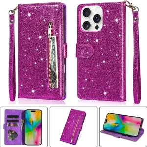 YH Mall IPhone 16 Için Fermuar Cep Durumda Pro Max Pu Deri Glitter Cüzdan Kılıf (Yurt Dışından)