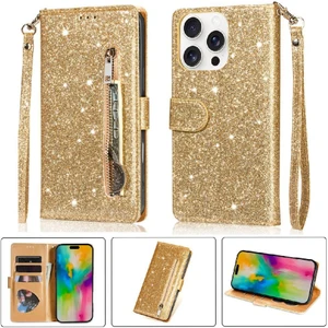 YH Mall IPhone 16 Için Fermuar Cep Durumda Pro Max Pu Deri Glitter Cüzdan Kılıf (Yurt Dışından)