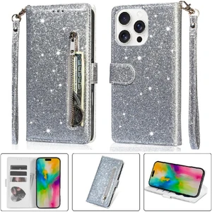 YH Mall IPhone 16 Için Fermuar Cep Durumda Pro Max Pu Deri Glitter Cüzdan Kılıf (Yurt Dışından)