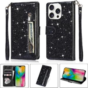 YH Mall IPhone 16 Için Fermuar Cep Durumda Pro Max Pu Deri Glitter Cüzdan Kılıf (Yurt Dışından)