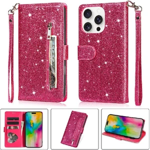 YH Mall IPhone 16 Için Fermuar Cep Durumda Pro Max Pu Deri Glitter Cüzdan Kılıf (Yurt Dışından)