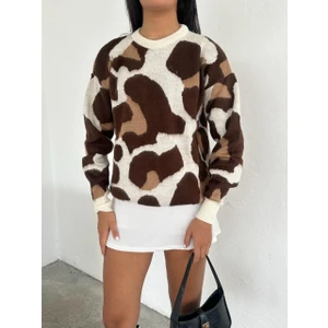 Ded Collection Kadın Leopar Desenli Sakallı Trend Triko Kazak