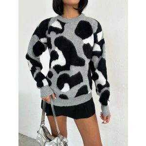 Ded Collection Kadın Leopar Desenli Sakallı Trend Triko Kazak