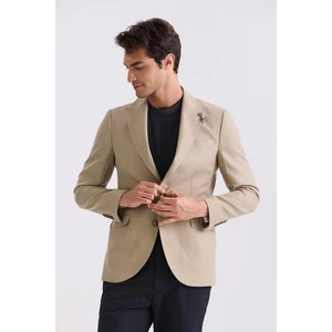 Bej Slim Fit Sivri Yaka Keten Spor Ceket