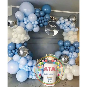 Ata Parti Dünyası ^^ Doğum Günü Konsepti * Beyaz * Makaron Mavi * Derin Okyanus * 60 Lı Balon Zinciri Parti Seti