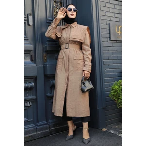 Neva Style Gemici Yaka Detay Camel Tesettür Trençkot 19023C