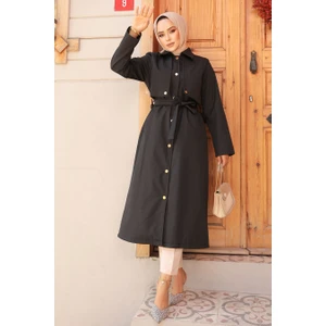 Neva Style Düğmeli Siyah Tesettür Trençkot 62131S