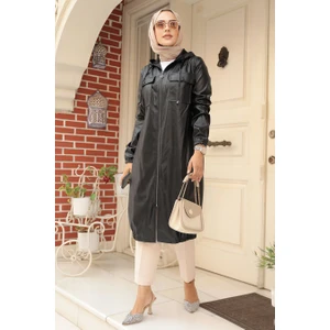 Neva Style Kapşonlu Siyah Deri Tesettür Kap 1503S