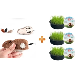 Sonrisa Pets Kurmalı Fare Kedi Oyuncağı Peluş Oyuncak + Kedi Çimi 3'lü