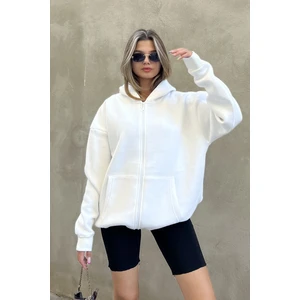 la & vetta Beyaz Kapüşonlu Oversize Fermuarlı Şardonlu Sweatshirt