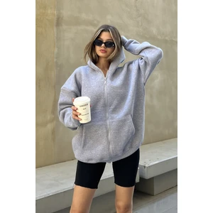 la & vetta Gri Kapüşonlu Oversize Fermuarlı Şardonlu Sweatshirt