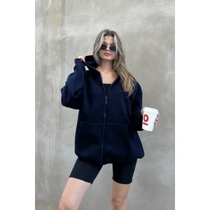 la & vetta Koyu Lacivert Kapüşonlu Oversize Fermuarlı Şardonlu Sweatshirt