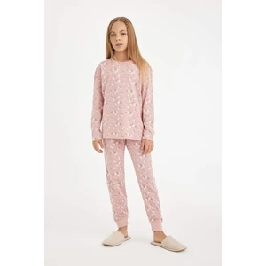 Kız Çocuk Pijama Takımı Desenli Uzun Kollu Üst Beli Lastikli Uzun Alt D6318A8NS