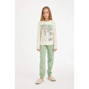 Kız Çocuk Pijama Takımı Bisiklet Yaka Baskılı Uzun Kollu Üst Uzun Alt D3729A824AU