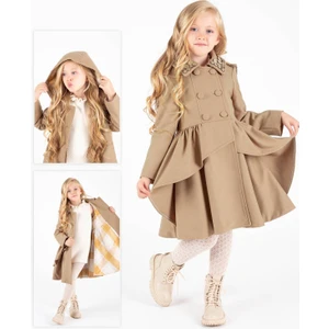 Kız Çocuk Fırfırlı Etek Detaylı Kapüşonlu Kaşe Palto