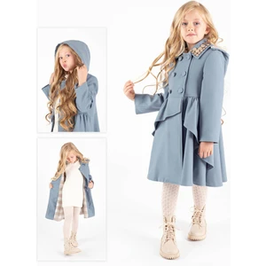 Kız Çocuk Fırfırlı Etek Detaylı Kapüşonlu Kaşe Palto