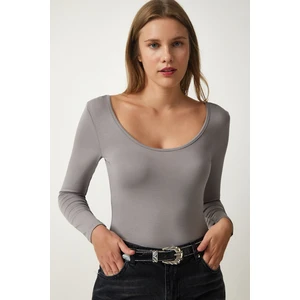 Be Chic Kadın Uzun Kollu Ön Arka Geniş U Yaka Viskon Kumaş Düz Basic Body  BLZ33789