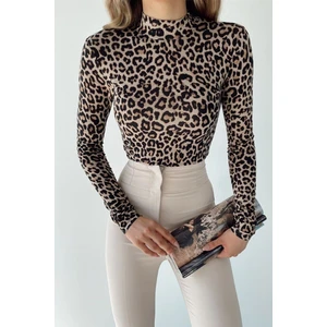 Be Chic Bej Leopar Desen Yarım Balıkçı Yaka Uzun Kollu Bluz