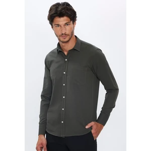 Erkek Klasik Fit Normal Kesim Pamuklu Tek Cepli Armürlü Haki Gömlek