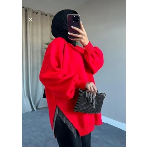 SFG Life Moda Kadın Testtür Giyim Bisiklet Yaka Yırtmaçı Taşlı ve Balon Kollu Oversize Şık Triko Tunik