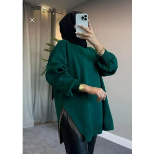 SFG Life Moda Kadın Testtür Giyim Bisiklet Yaka Yırtmaçı Taşlı ve Balon Kollu Oversize Şık Triko Tunik