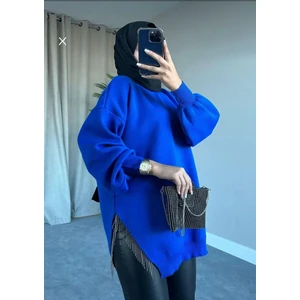 SFG Life Moda Kadın Testtür Giyim Bisiklet Yaka Yırtmaçı Taşlı ve Balon Kollu Oversize Şık Triko Tunik