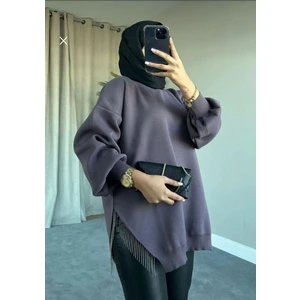 SFG Life Moda Kadın Testtür Giyim Bisiklet Yaka Yırtmaçı Taşlı ve Balon Kollu Oversize Şık Triko Tunik