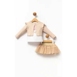 Kız Bebek Alt Üst Üçlü Takım Pamuklu Uzun Kollu Hırkalı Baskılı Tişörtlü ve Tüllü Etekli