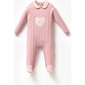 Uzun Kollu %100 Pamuk Bebe Yaka Hediyelik Kız Bebek Patikli Tulum 3-9 Ay