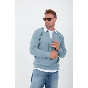 Polo Yaka Selanik Örme Kumaş Erkek Sweatshirt - Soğuk Mavi