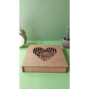 Ahşap Mdf Dekoratif Hediye Kutusu - (25X20X3,3) Kalpli Çiçekli Hediye Kutusu - Boyanabilir Kutu