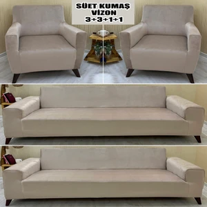 Süet Detaylı Angora Kumaş 2 Adet Üçlü & Çekyat- 2 Adet Tekli Set Koltuk Kılıfı