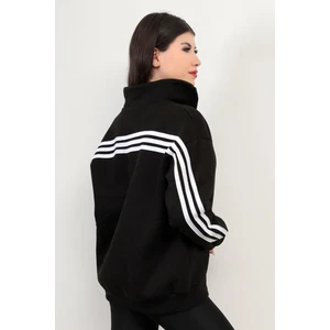 Kadın Oversize Sweatshirt Sırtı Şerit Detaylı Üç İplik Yarım Fermuar Dik Yaka Siyah - 25113