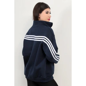 Kadın Oversize Sweatshirt Sırtı Şerit Detaylı Üç İplik Yarım Fermuar Dik Yaka Lacivert - 25113