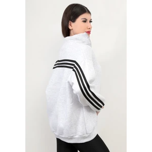 Kadın Oversize Sweatshirt Sırtı Şerit Detaylı Üç İplik Yarım Fermuar Dik Yaka Kar Melanj - 25113
