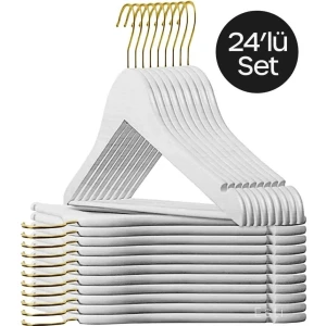 Beray Home 24 Adet Beyaz Askı Gold Kancalı Ahşap Görünümlü Plastik Askı Elbise  Kıyafet Askısı